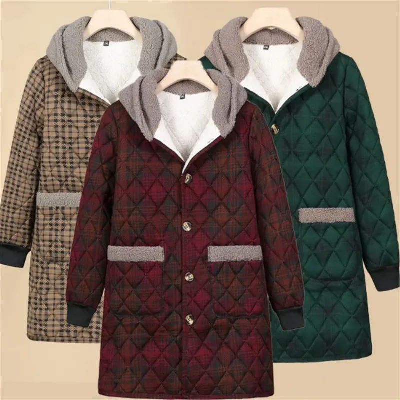 Winter Mid-Long Cotton Jacket Women 2023 New Loose Hooded Plaid Coat Single-Breasted Outerwear Fashion Pocket Overcoat Female