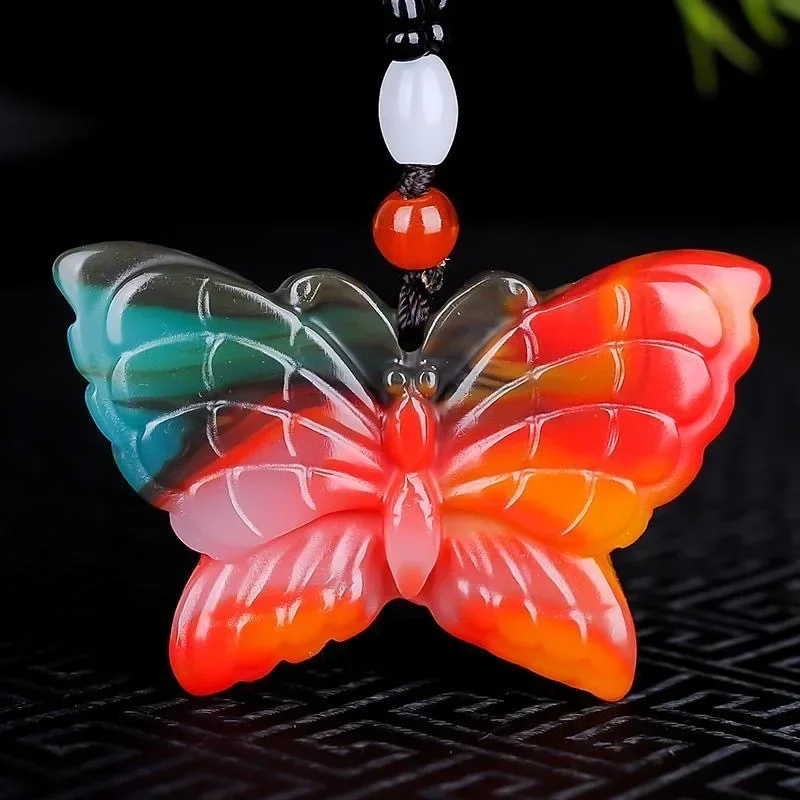 Natural Colour Jade butterfly Pendant Necklace Chinese Charm Ite Jewelry Carved Amulet Luck Gifts for Her Men Sweater Chain