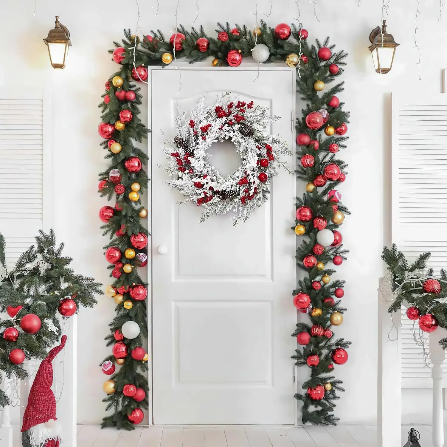 Garvee 18 Inch Winter Christmas Wreath Snow Flocked Artificial Pine Garland Wreath Red Berries Pinecones Xmas Ornament Window Wall Hanging Decor Christmas Decorations