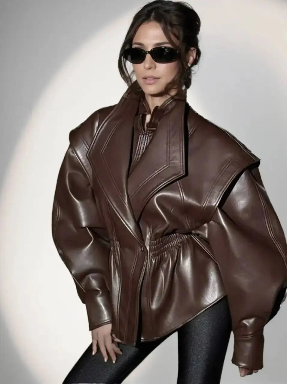 2025 New Women's Retro Vintage Coffee Faux Leather PU Jackets Female Motorcycle Biker BF Loose Oversized Streetwear Coats Tops