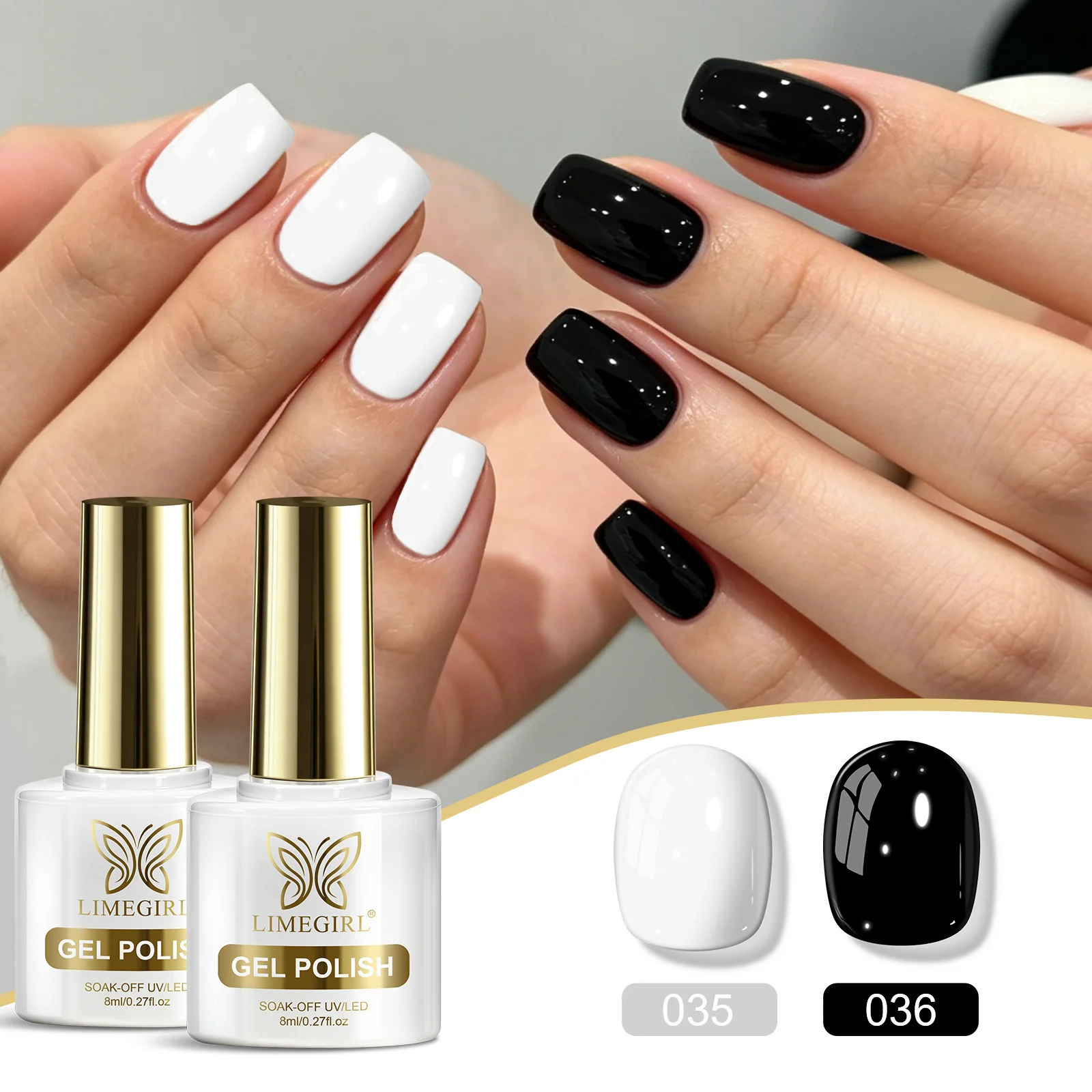 LIMEGIRL 2-teiliges Gel-Nagellack-Set Weiß Schwarz Gel-Lack Semi-Permanent Abziehbarer UV-LED-Französischer Gel-Lack Nagelkunst DIY für Zuhause