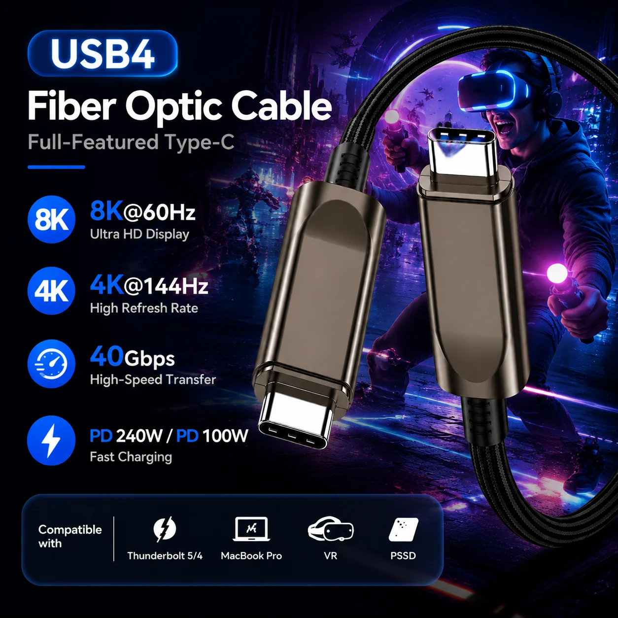 Full USB 4 Fiber Optic Cable 8K@60Hz 4K@144Hz 40Gbps PD 240W Compatible Thunderbolt 5/4 USBC Type-C for MacBook Monitor PSSD VR