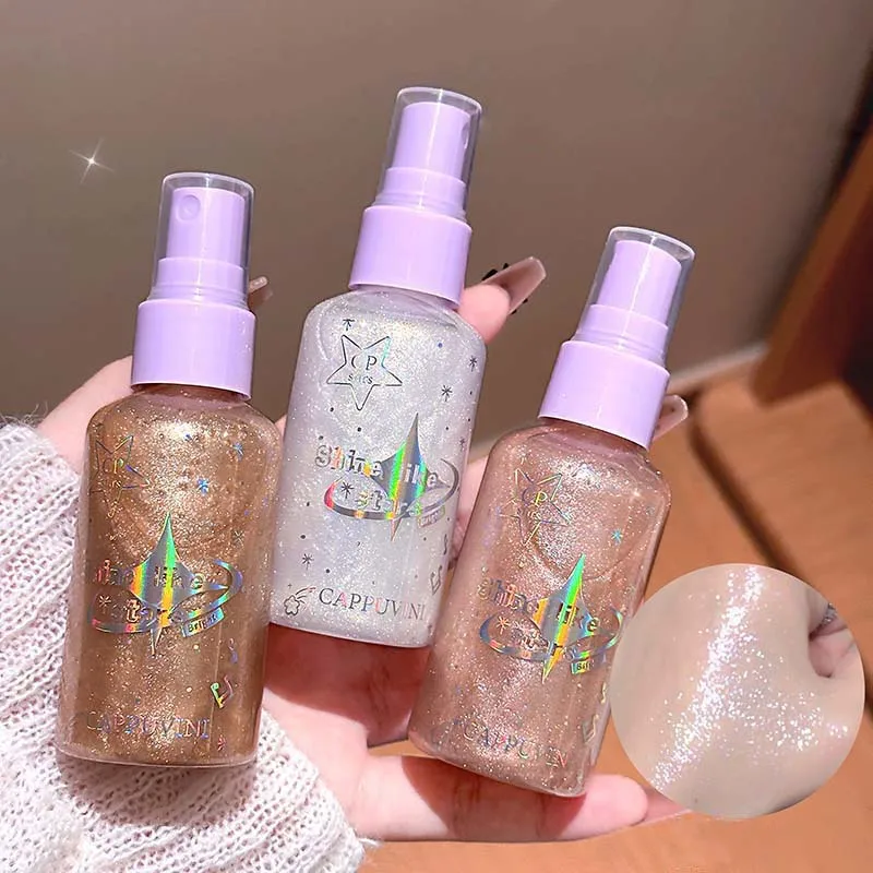 Diamentowy Spray do Makijażu z Brokatem na Twarz i Ciało Szampański Fioletowy Bronzer Płynny Rozświetlacz Flash Spray Shimmer do Twarzy, Ciała i Włosów