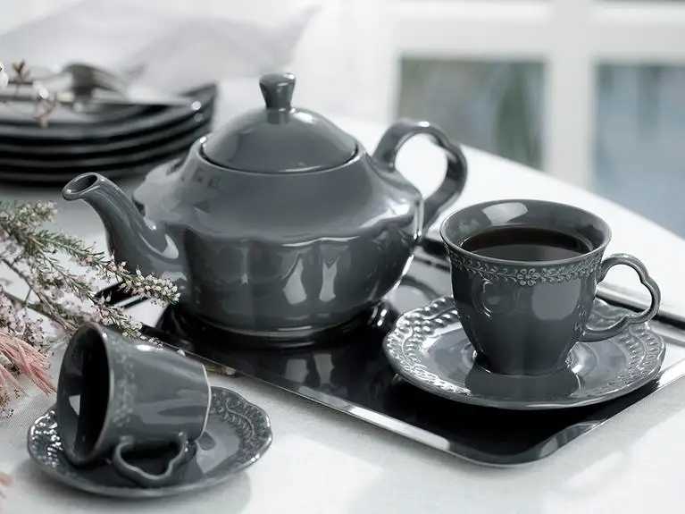 LaModaHome Espresso Coffee Cups with Saucers Vienna Porcelain 4 Pieces Coffee Cup 80 mL Anthracite Turkish Arabic Greek Cup