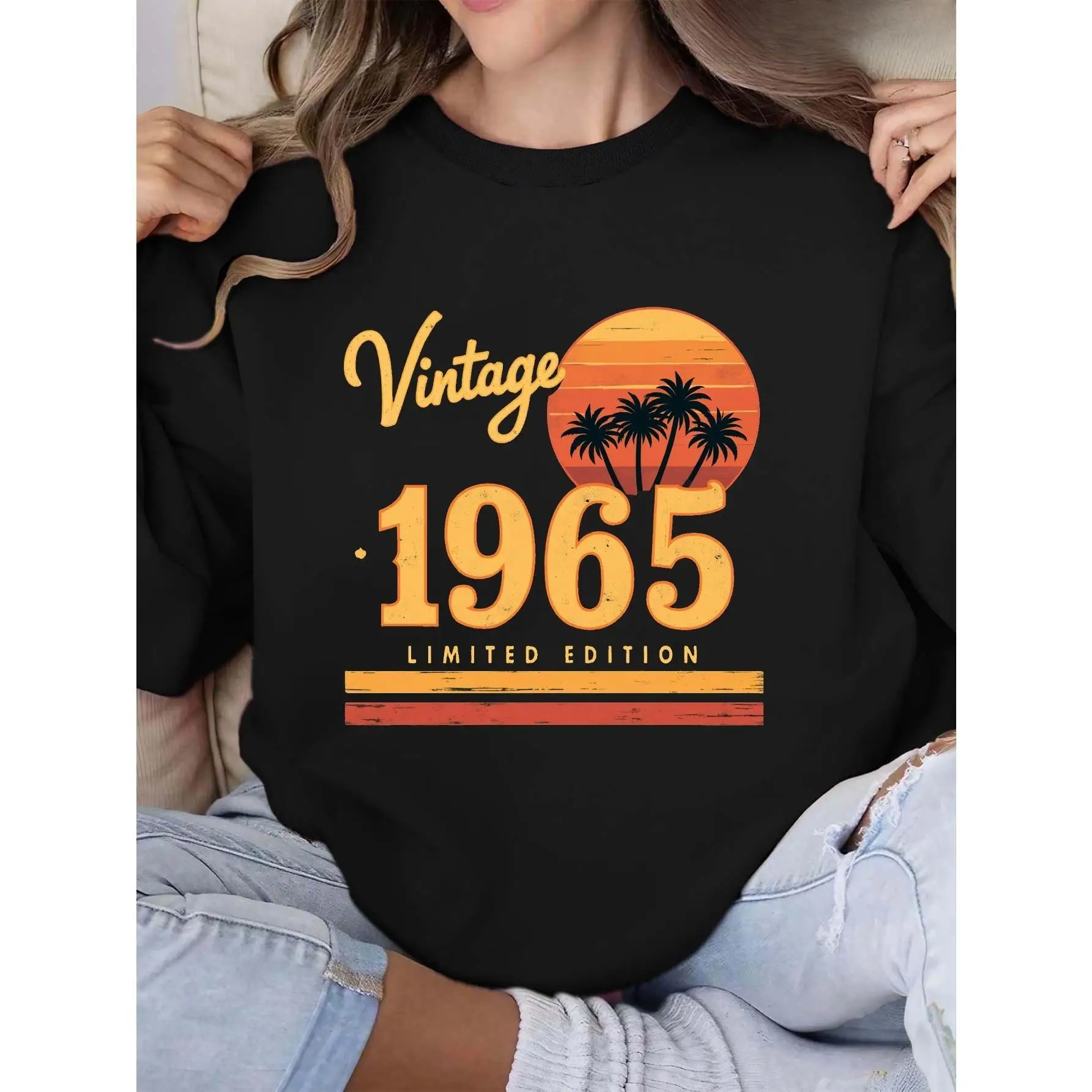 

Vintage 1965 Limited Edition Sweatshirt Women Men Retro Sunset Palm Tree Print Birthday Gift Pullover Top