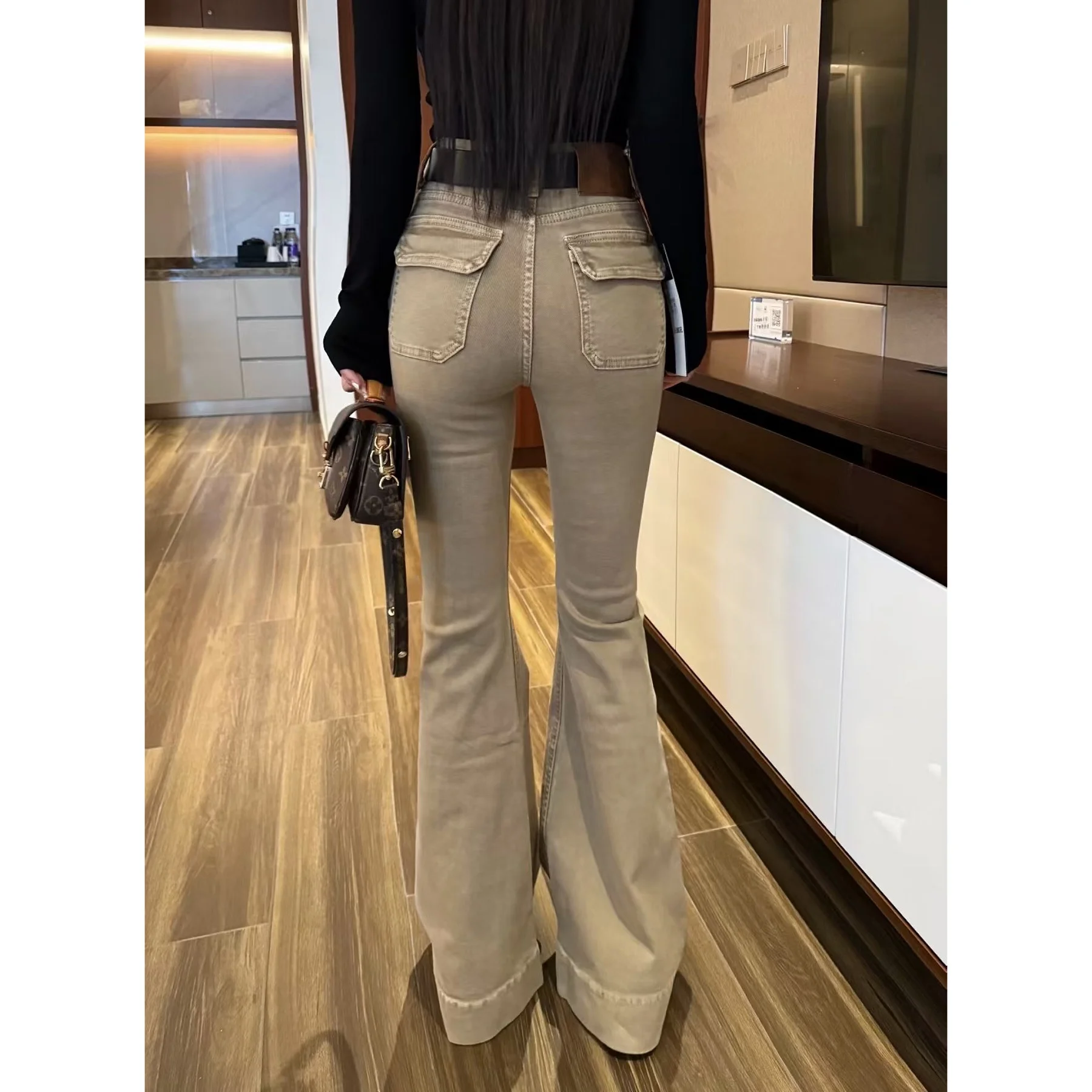 

High Waist Micro Flare Denim Jeans Women's Autumn New Sle Hong Kong Flavor ket Design Slim Long Pants Ladies Jeans