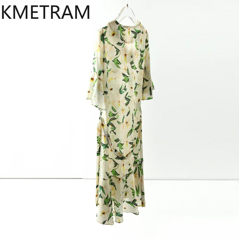 KMETRAM 100% Mulberry Silk Fishtail Dress for Women French 2024 Ruffled Floral Maxi Skirt Summer Mid-length Women's Clothing New