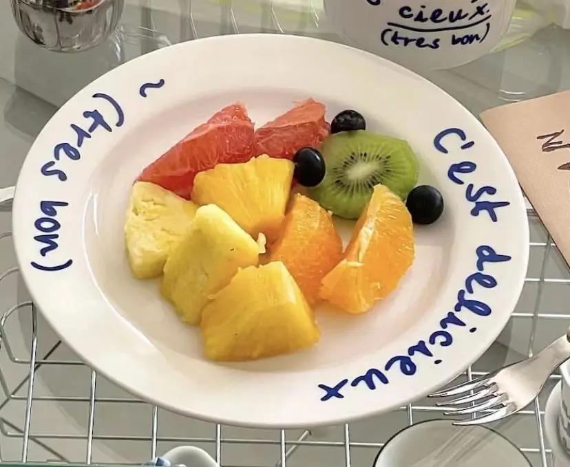 Korean INS Design Sensory Plate French Handwritten Blue Font Western-style Ceramic Tableware Dessert Plate Gourmet Good-looking