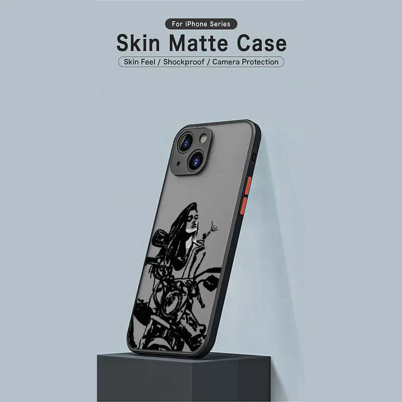 Motor Smoking Girl  Matte Phone Case For iPhone 15 14 13 12 11 Pro Max Plus 13 Mini X XR XS MAX 8 7 Plus 6  Hard PC Coque Coupe