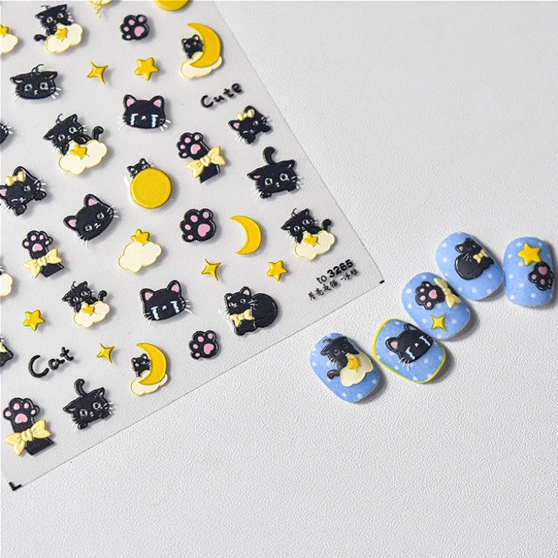 

Cartoon Black Kitten Cute Cat Star Moon Bowknot Cat's Paw Flaky Cloud Self Adhesive Nail Art Decoration Stickers Manicure Decals