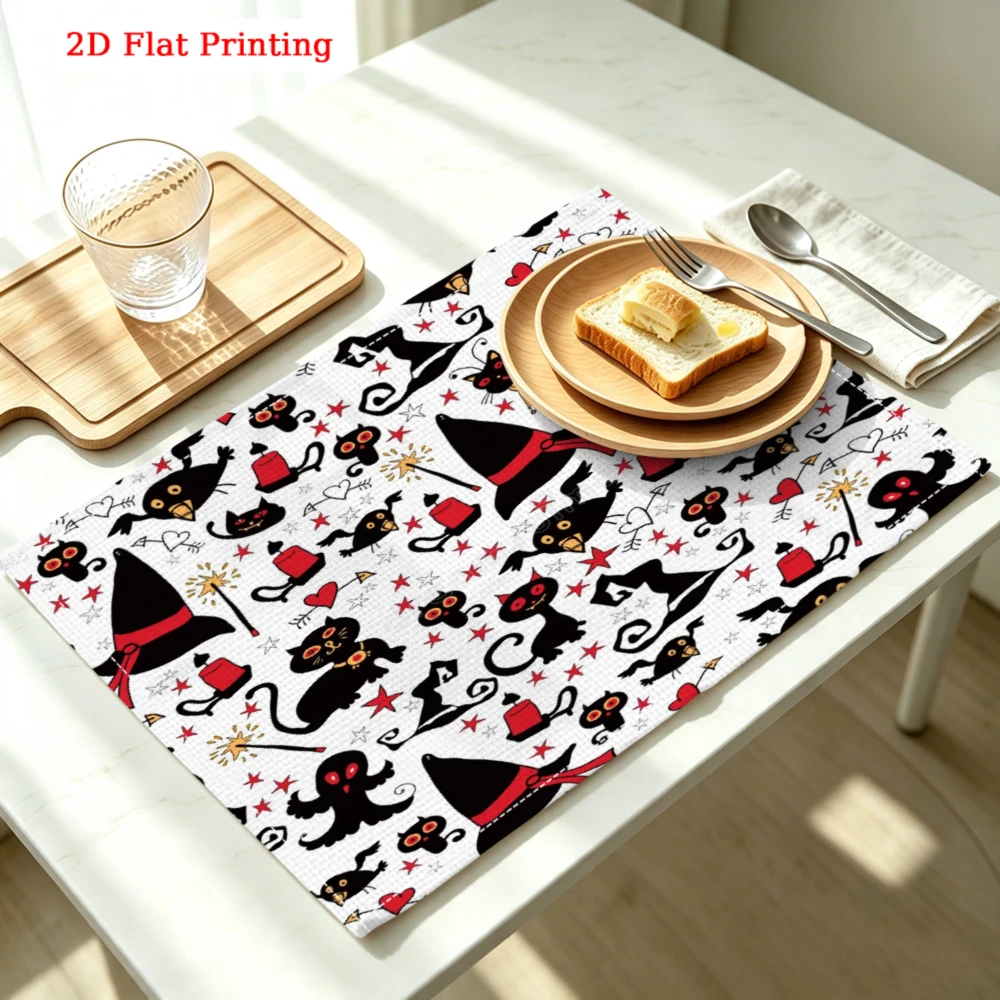 1pc Halloween Black Cat Placemat White Witch Hat Print Table Mat Kitchen Dining Decor Non Slip Heat Resistant 30x40cm