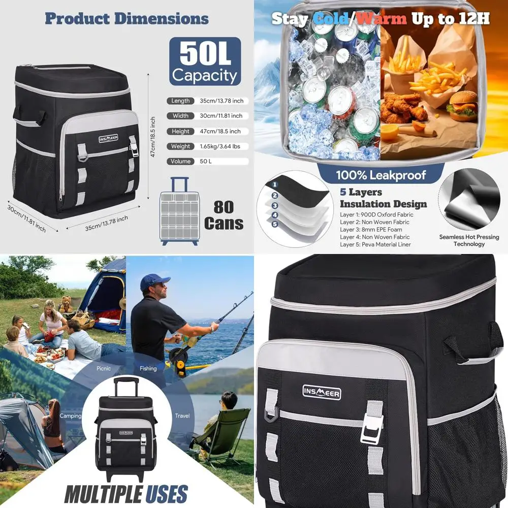 

80L Capacity Rolling Cooler with Wheels and Handle for 80 Cans, Portable Soft-Sided Cart for Grocery Shopping