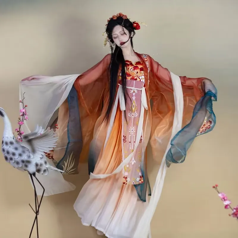 중국 한푸 원피스 여성 카니발 요정 코스프레 코스튬 당나라 자수 그라데이션 오렌지 한푸 파티 복장
