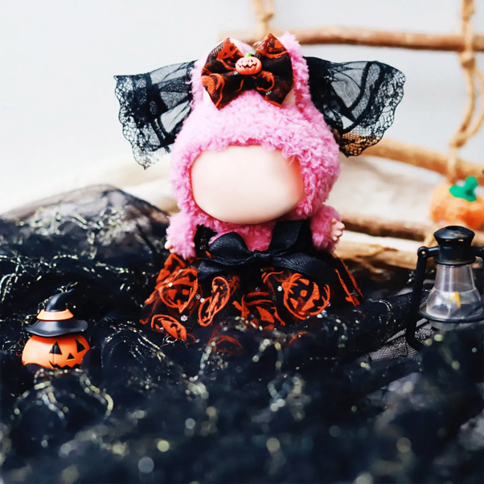 

For 17cm Labubu Doll Clothes Exclusive Black Halloween Doll Hat & Costume Bundle - Quick-Change Vinyl Clothes