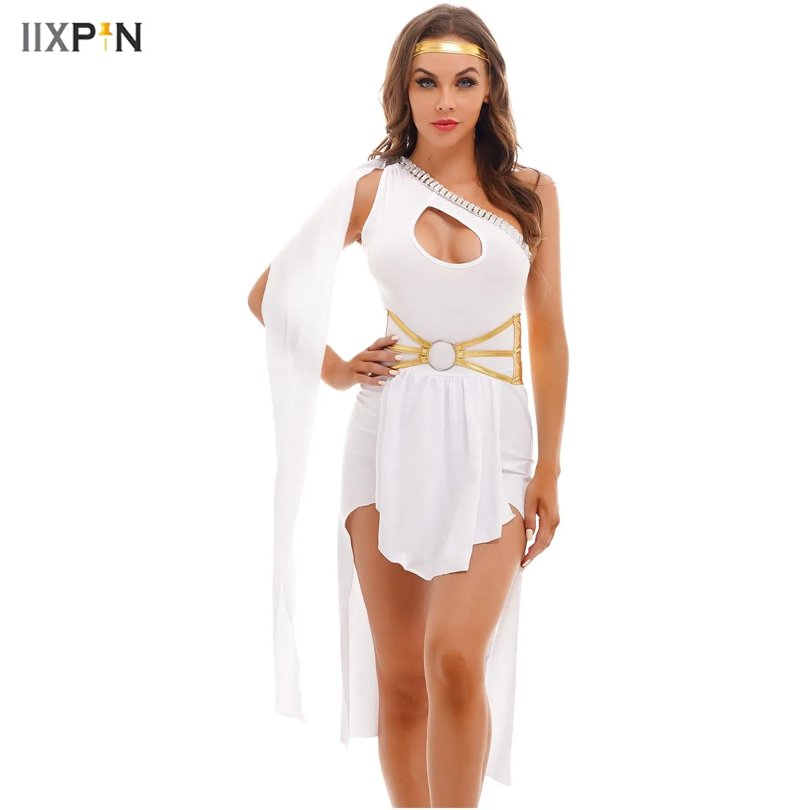 

Womens Ancient Greece Queen Halloween Role Play Outfits Stage Performance Costume One Shoulder Dress+O Ring Corset+Headwear Set