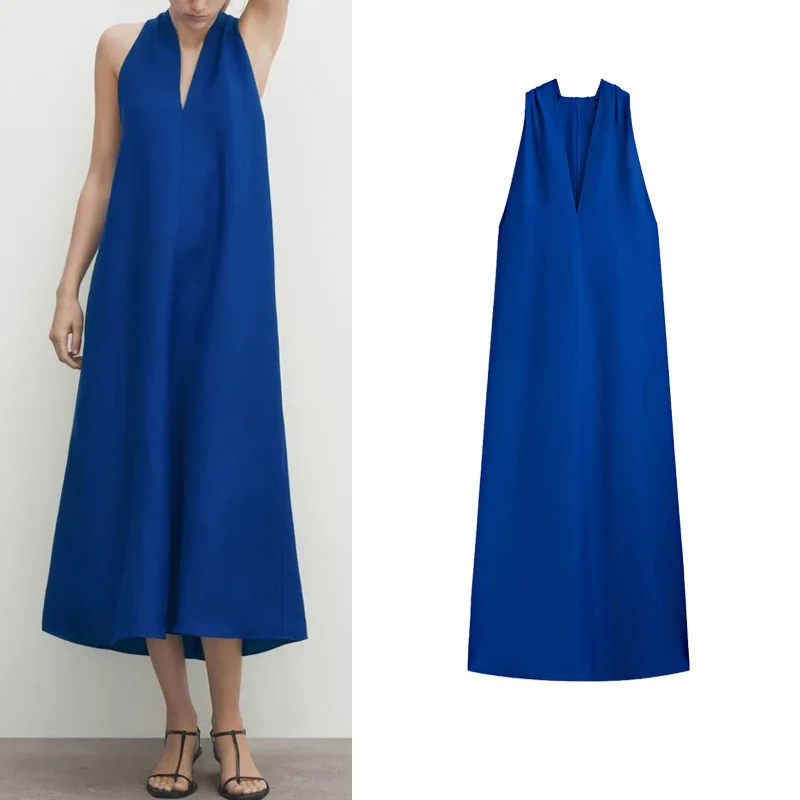 

Dopamine Color Gradient Midi Dress Back Cross Design V-neck Sleeveless A-line Skirt Polyester Fabric Office Commute Style