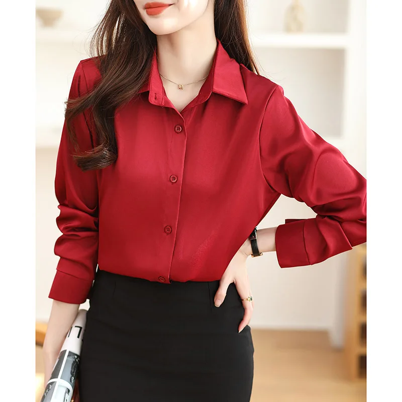 

Women Clothing Fashion Solid Chiffon Long Sleeve Shirt Autumn Casual Chic Turn-down Collar Top Office Lady Career Blouse 40-85Kg