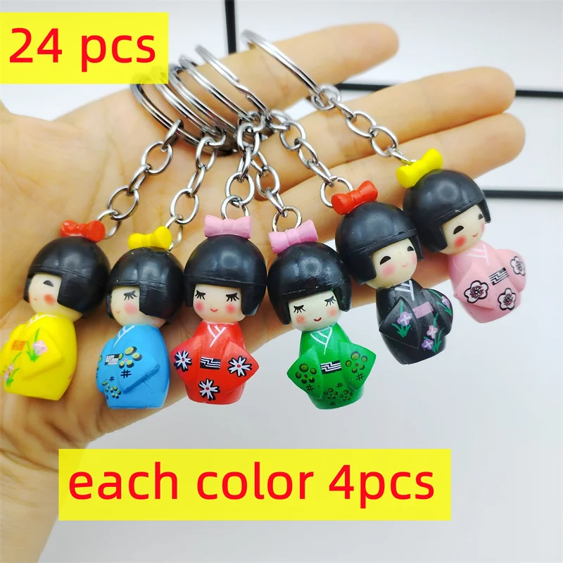 24 pcs/Lot Japanese KOKESHI Doll Key chain Metal Key Ring Charms Party Gifts