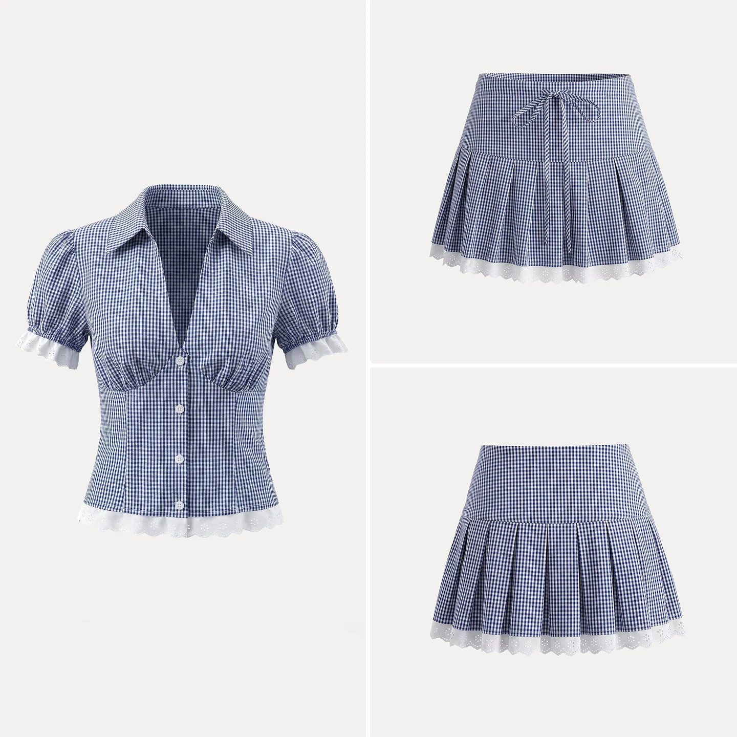 Conjunto de Falda y Camisa a Cuadros de Moda, Blusa a Cuadros Azul y Blanco con Encaje, Novedad de Invierno para Mujer, Manga Corta, Cuello Camisero