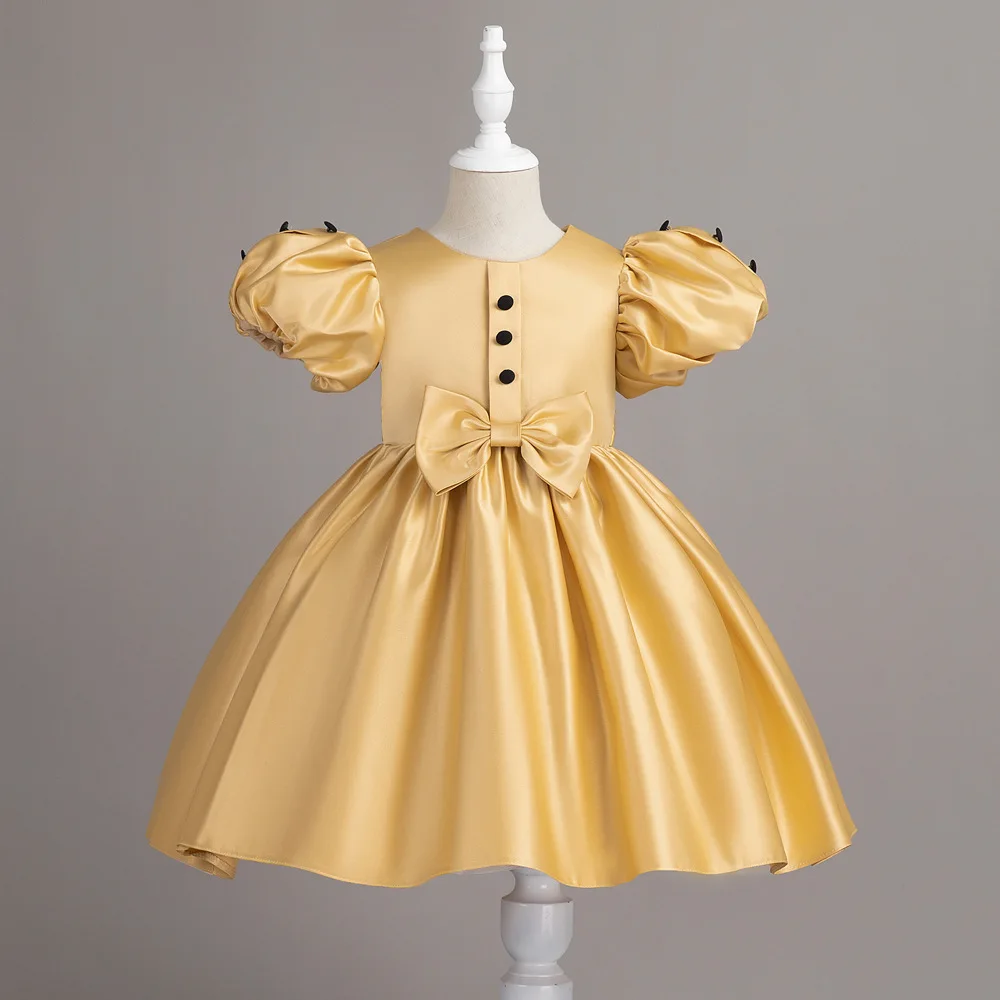 HETISO Baby Girls Dress Solid Kids Party Princess Satin Dresses Short Sleeve Button Festive Graduation Birthday Ball Gown