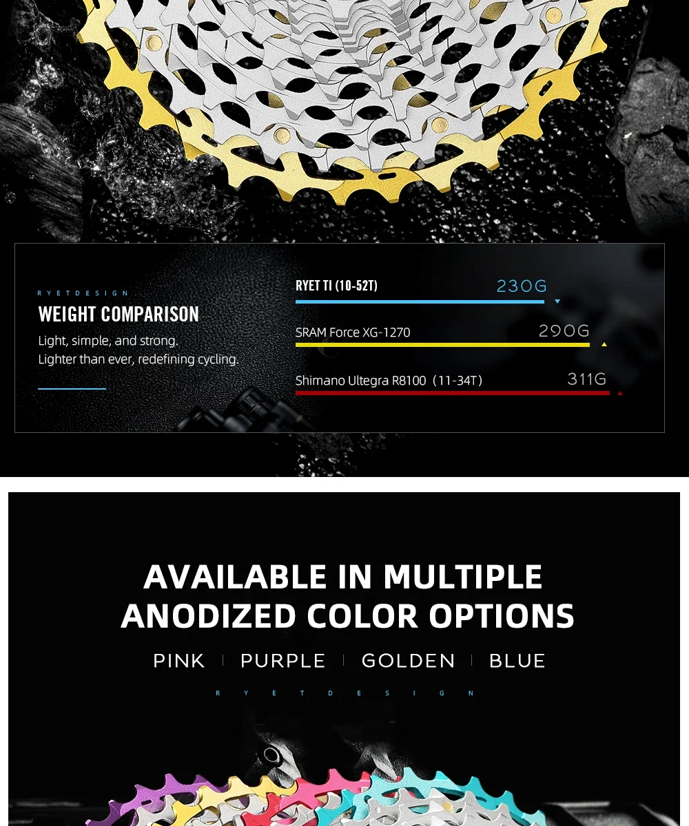 RYET Ultraleichte 230g 11-34T 12S CNC Alu/Stahl Kassette HG für Shimano Rennrad Gravel K7 Eloxierte Farbe 12-Gang Fahrradfreilauf – Detail 8