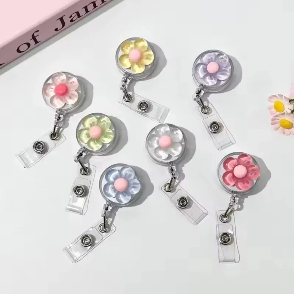 Cute Floral Badge Reel Retractable Doctore Nurse Worker ID Card Pull Buckle Transparent Durable ID Card Badge Holder Clip