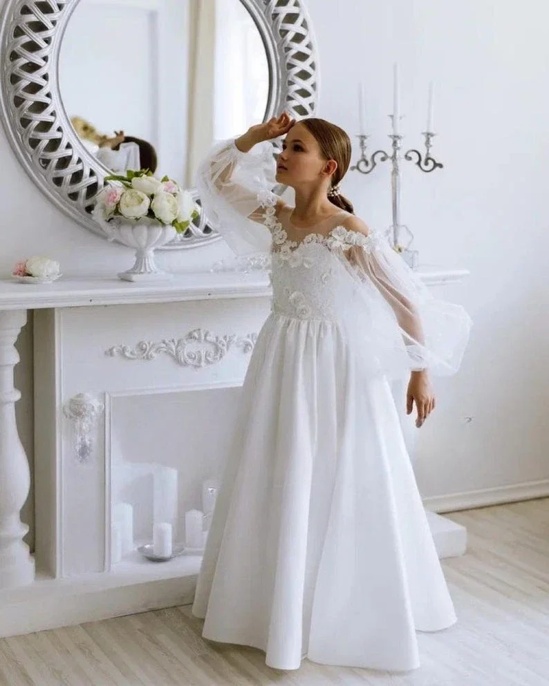 Кружевное атласное платье с цветочным узором для маленьких девочек, белое детское платье для святого причастия на свадьбу, длинные пышные платья для девочек, платья принцессы