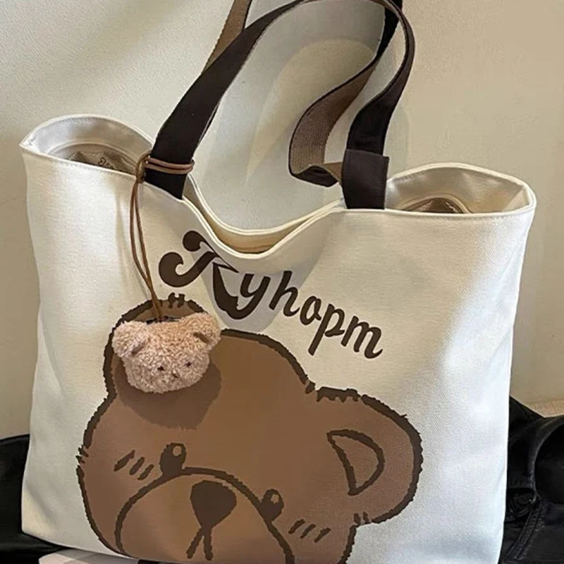 Bolsa de ombro de lona urso dos desenhos animados Tote de grande capacidade Bolsa de escola Casual Bolsa de axilas