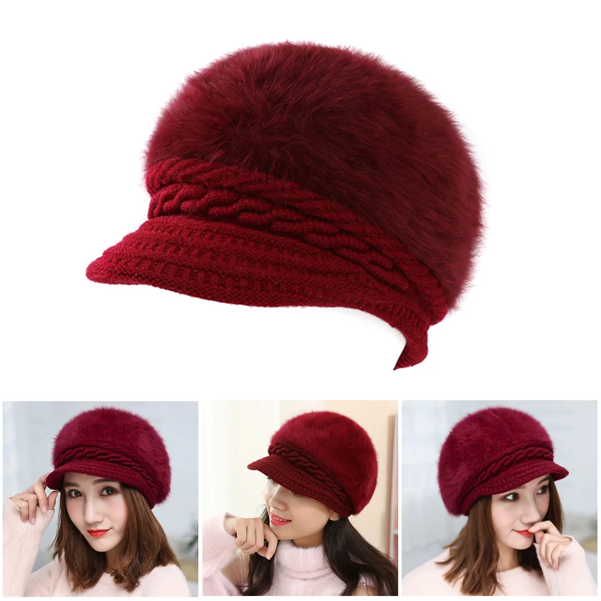 

Rabbit Hair Knitted Hat For Women Warm Winter Cap Wine Red Lightweight Durable Comfortable Pair With Sweater Scarf Leggings