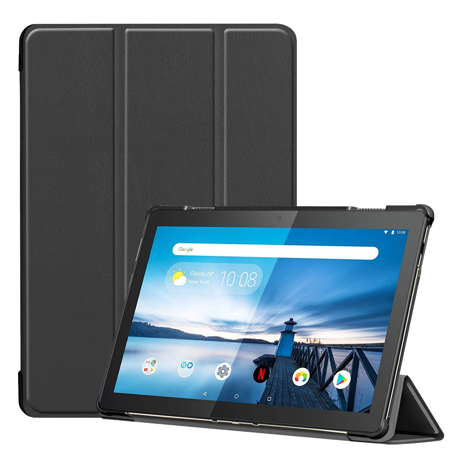 

Tri-fold Stand Leather Case Narrow Bezel Design Dual-Angle Supporting Tablet Cover for Lenovo Tab M10 TB-X605F/TB-X505F - Black