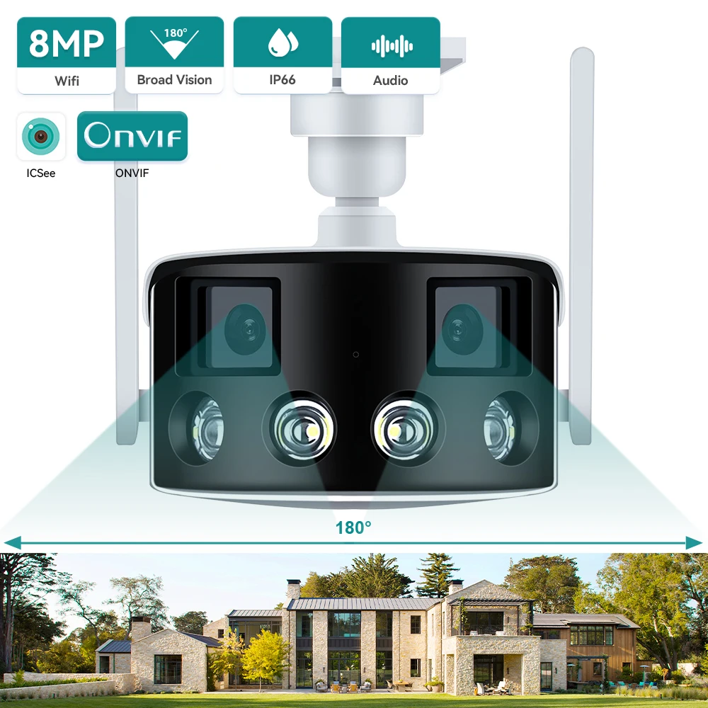 4K 8MP Dual Lens Panoramic WIFI Camera 180° Wide Viewing Angle AI Human Detection 4MP ICSEE Surveillance IP Camera