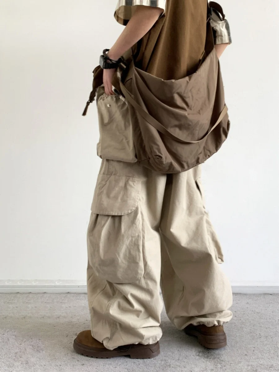 Retro Japanese Style Casual Pants Men's Women's Summer Drapey Loose Wide Leg Long Trousers Multi-Pocket Workwear