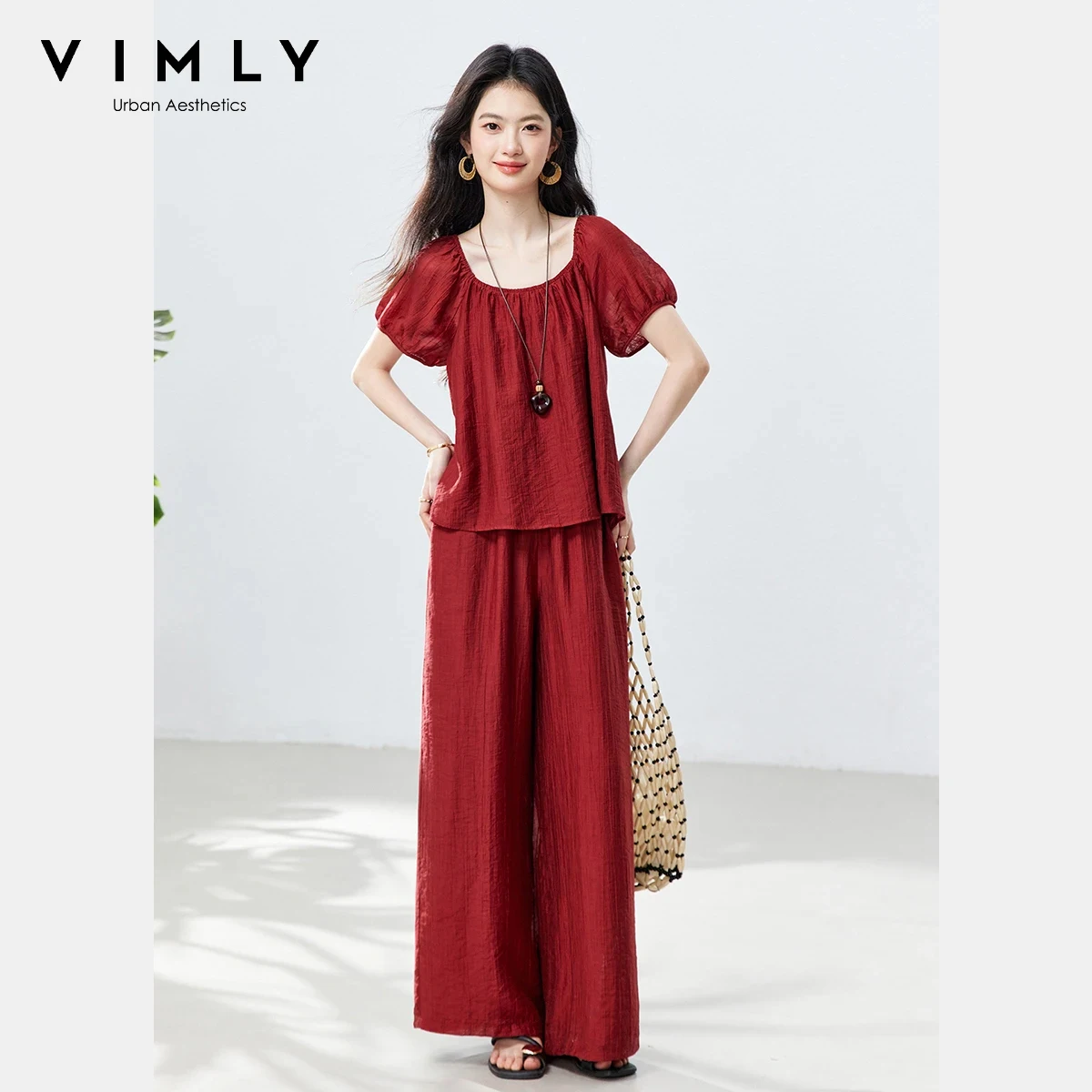 

VIMLY Women's Vintage Red Set 2026 Summer New Fashion Square Neck Raglan Sleeve Top Wide Leg Pant Casual Two-Piece Outfit A5368