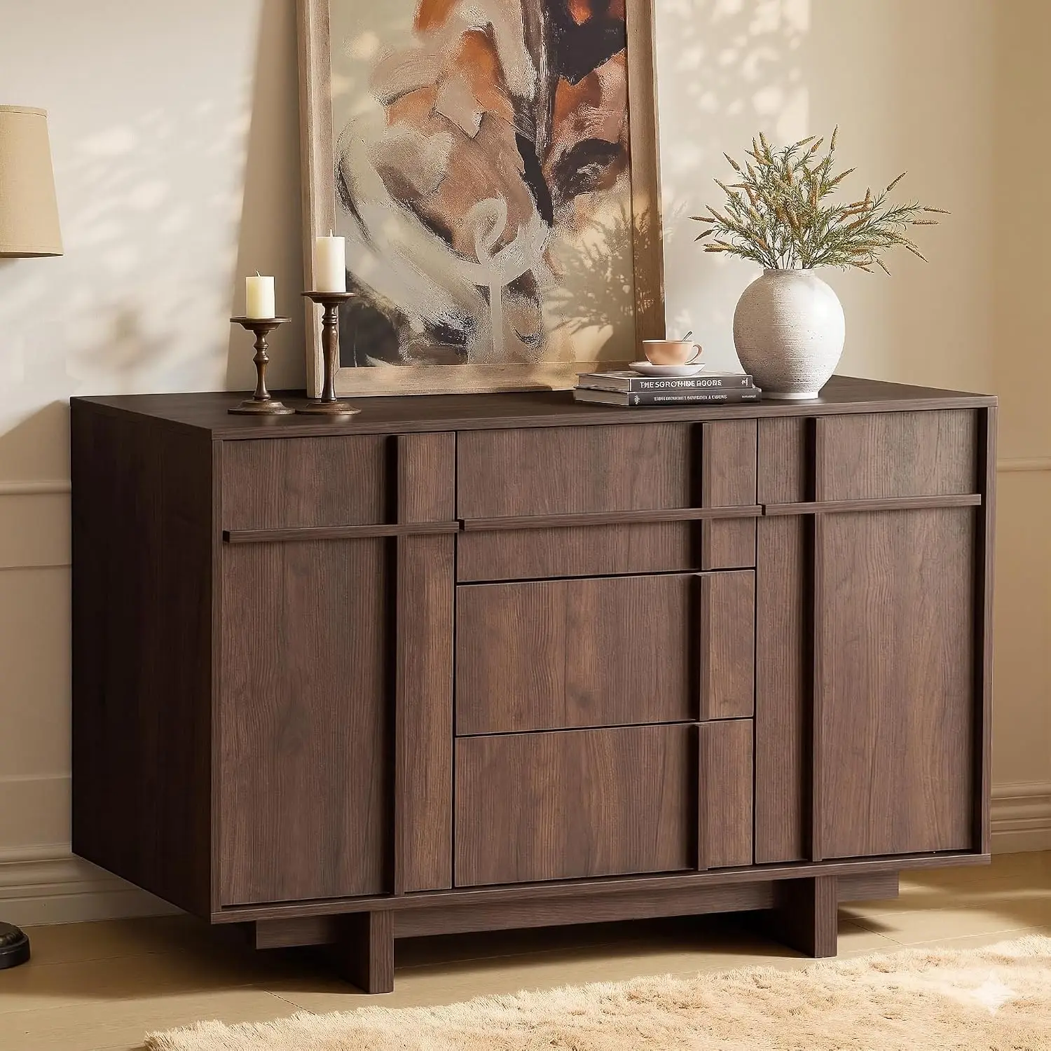 Walnut Sideboard Cabinet with Skeleton Line Design & Storage, 47.2