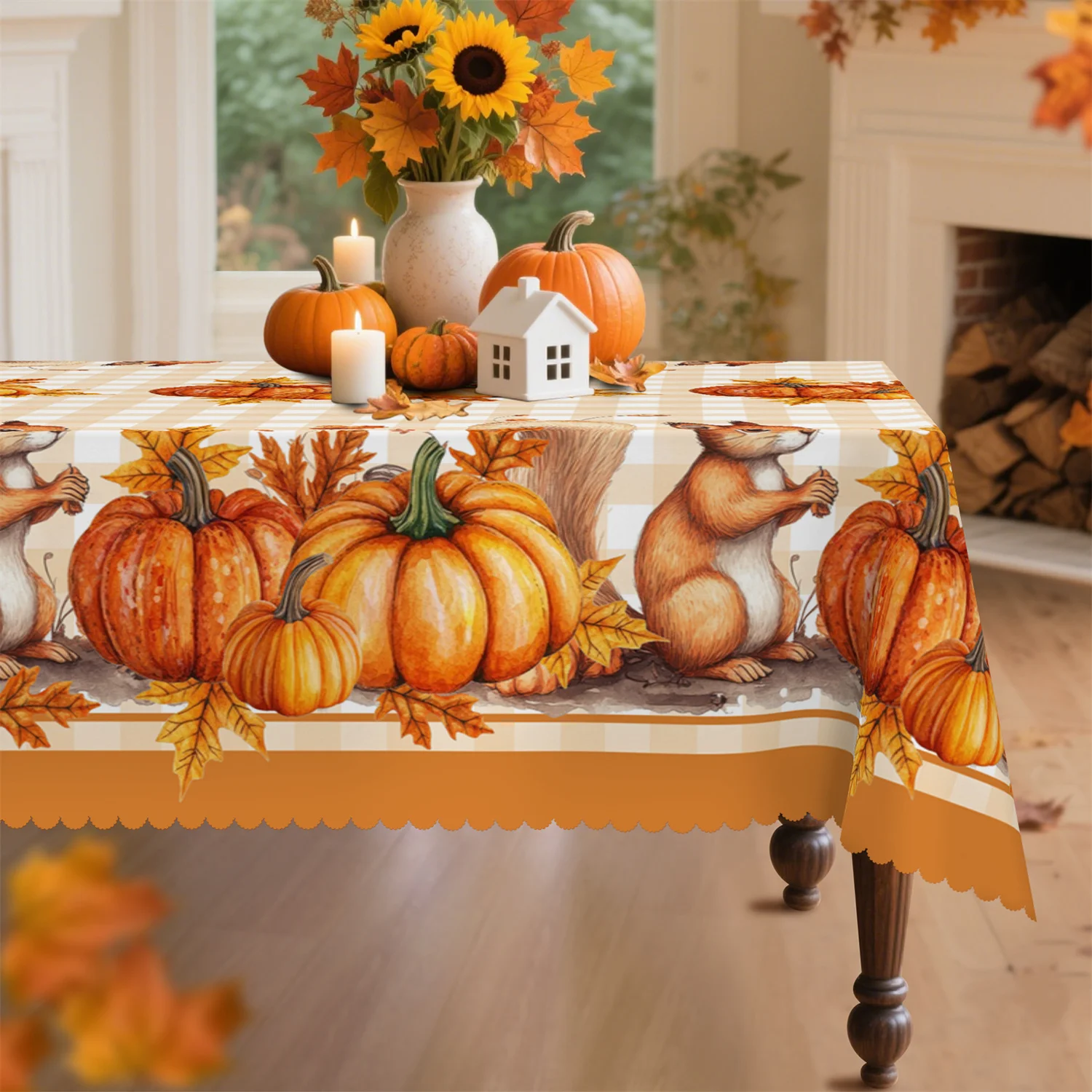 Pumpkin Leaf Squirrel Fall Tablecloth - 1 Pack - Suitable for Thanksgiving Indoor and Outdoor Furniture Party Decorationzyc
