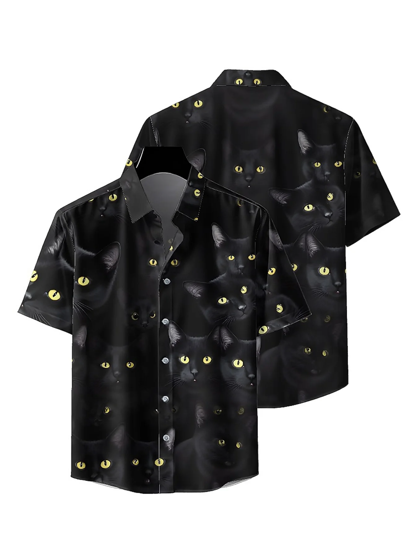 メンズ プラス サイズ アロハ シャツ 黒猫の目柄、夏カジュアル トップス、アウトドア、パーティー、ストリートウェア