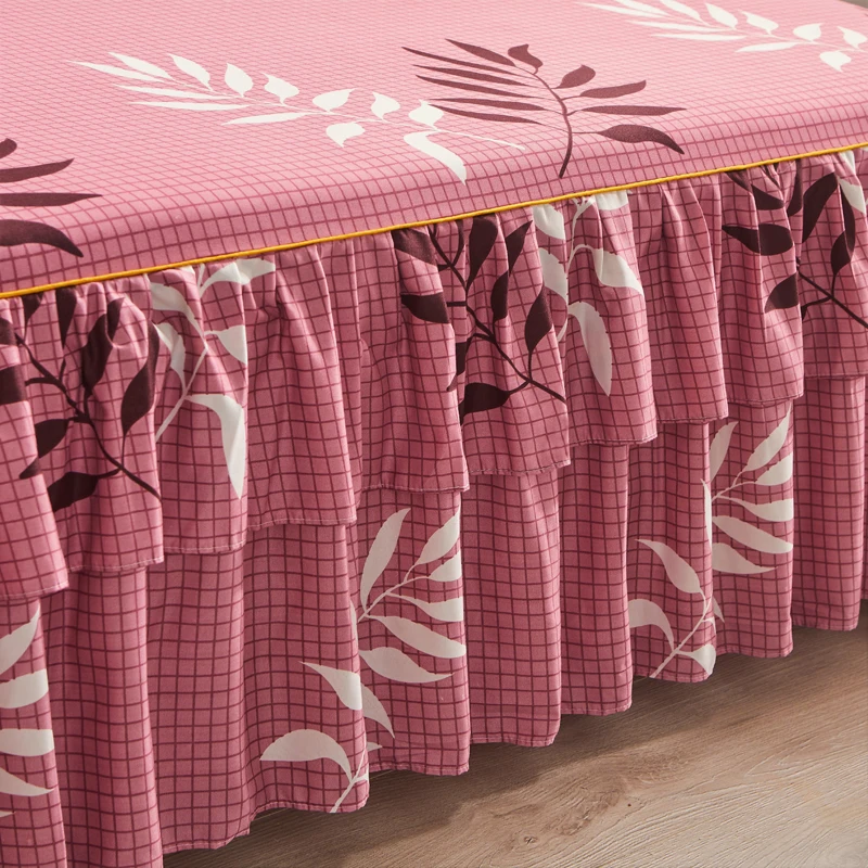 Botanical Leaves Bed Skirt Set Simple Plaid Print Wrap Around Bedskirt 3 Side Coverage Drop Dust Ruffle,1 Bed Sheet 2 Pillowcase