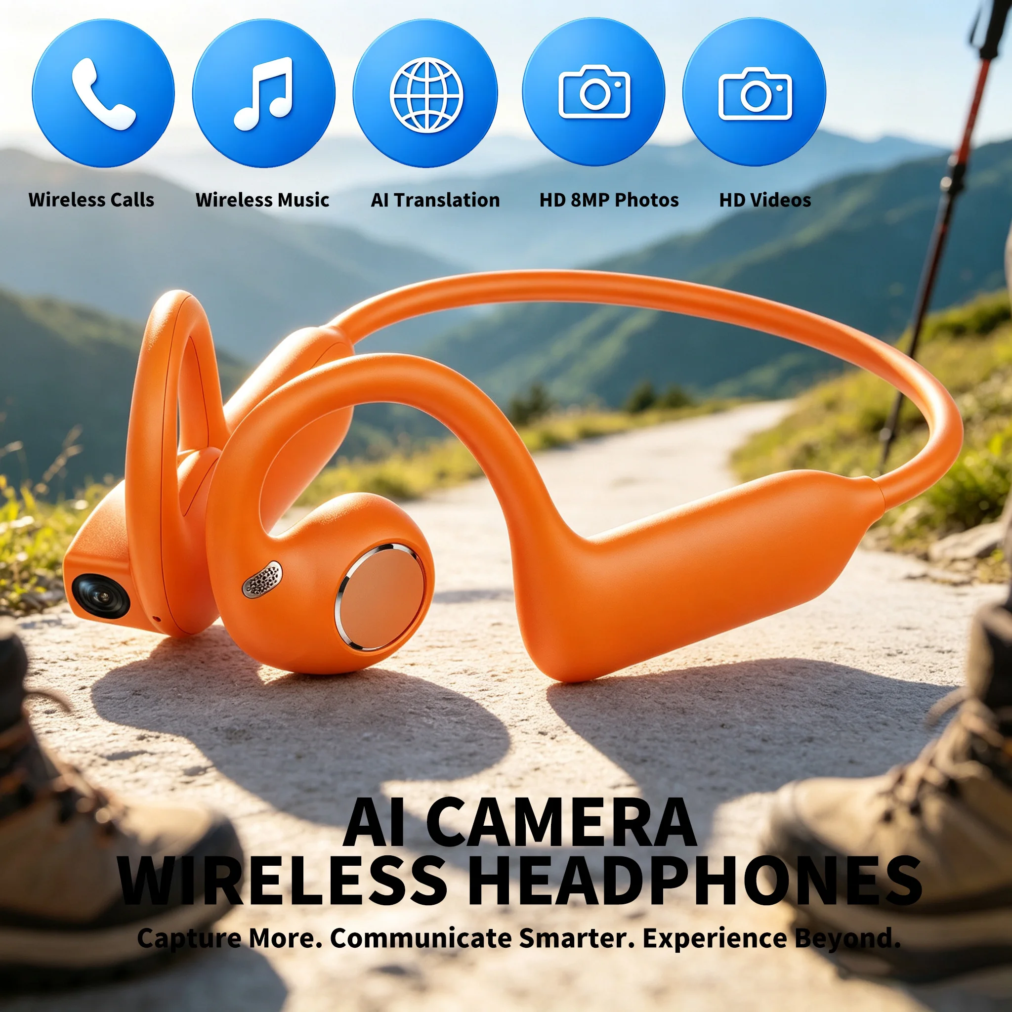 E12 Open Ear Headphones with HD Camera AI Voice Translator Wireless Bluetooth Sports Earphones for Running Cycling Vlog