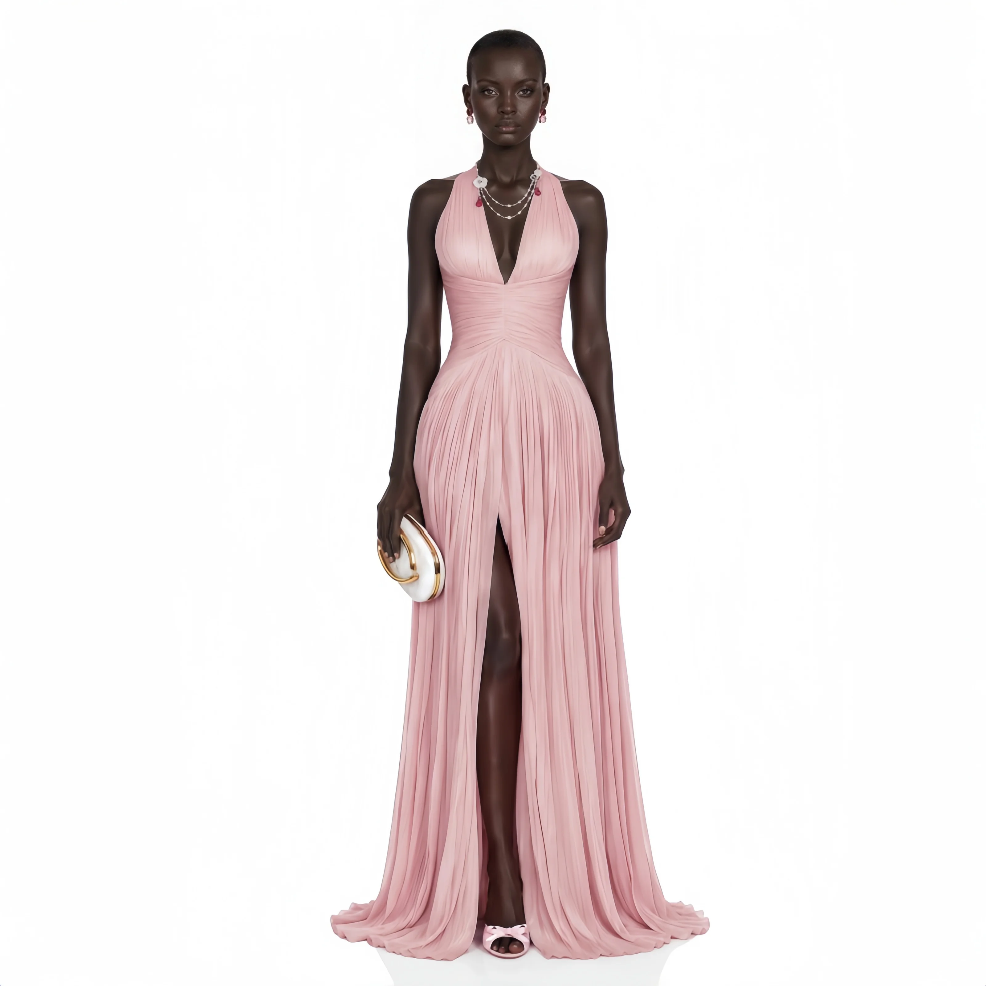 Pink A-line Shiny Satin Arab Prom Dresses V-neck Sleeveless Evening Party Gown Dubai Long Dress Robes De Soirée Customized