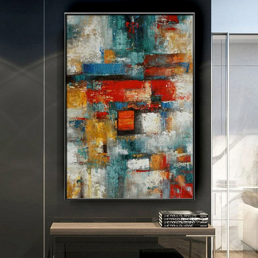 

Modern Handmade Abstract Oil Painting Geometric Square Pattern Canvas Picture Wall Art Poster Pendant For Home Room Decor Mural