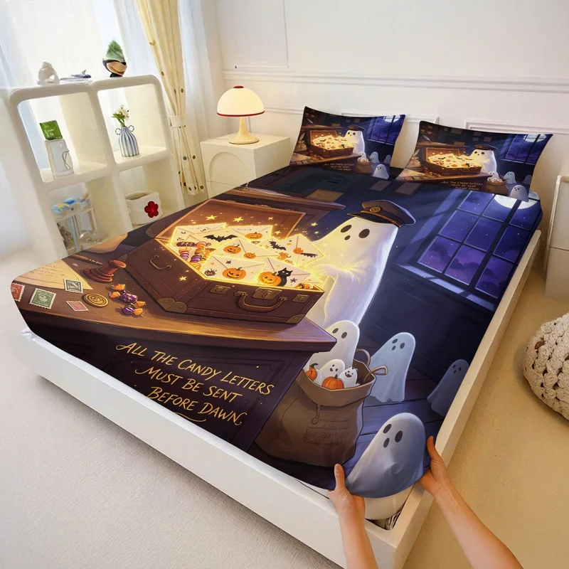 3Pcs Polyester Fitted Sheet Set,Deep Pocket,Durable,The Forgotten Halloween Post,Halloween House with Ghosts and Pumpkins Print