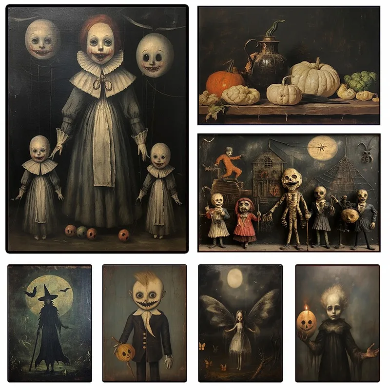 Vintage Gothic Dark Horror Ghost marionetki wrona Halloween plakat i druki druk na płótnie obraz ścienny dla wystrój salonu