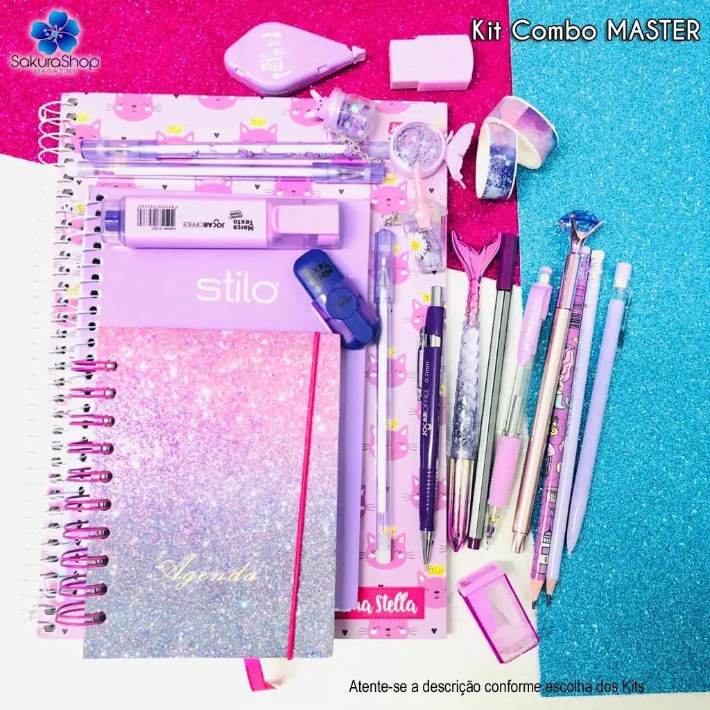 Kit Papelaria COMBO MASTER Tons de Roxo Lilás Studygram Caneta Caderno