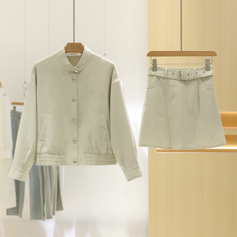 

Loose Silk Jacket And High Waist Skirt Two Piece Set Women's Fashionable Stand Collar Spring New Arrival Outfit Casual Commute
