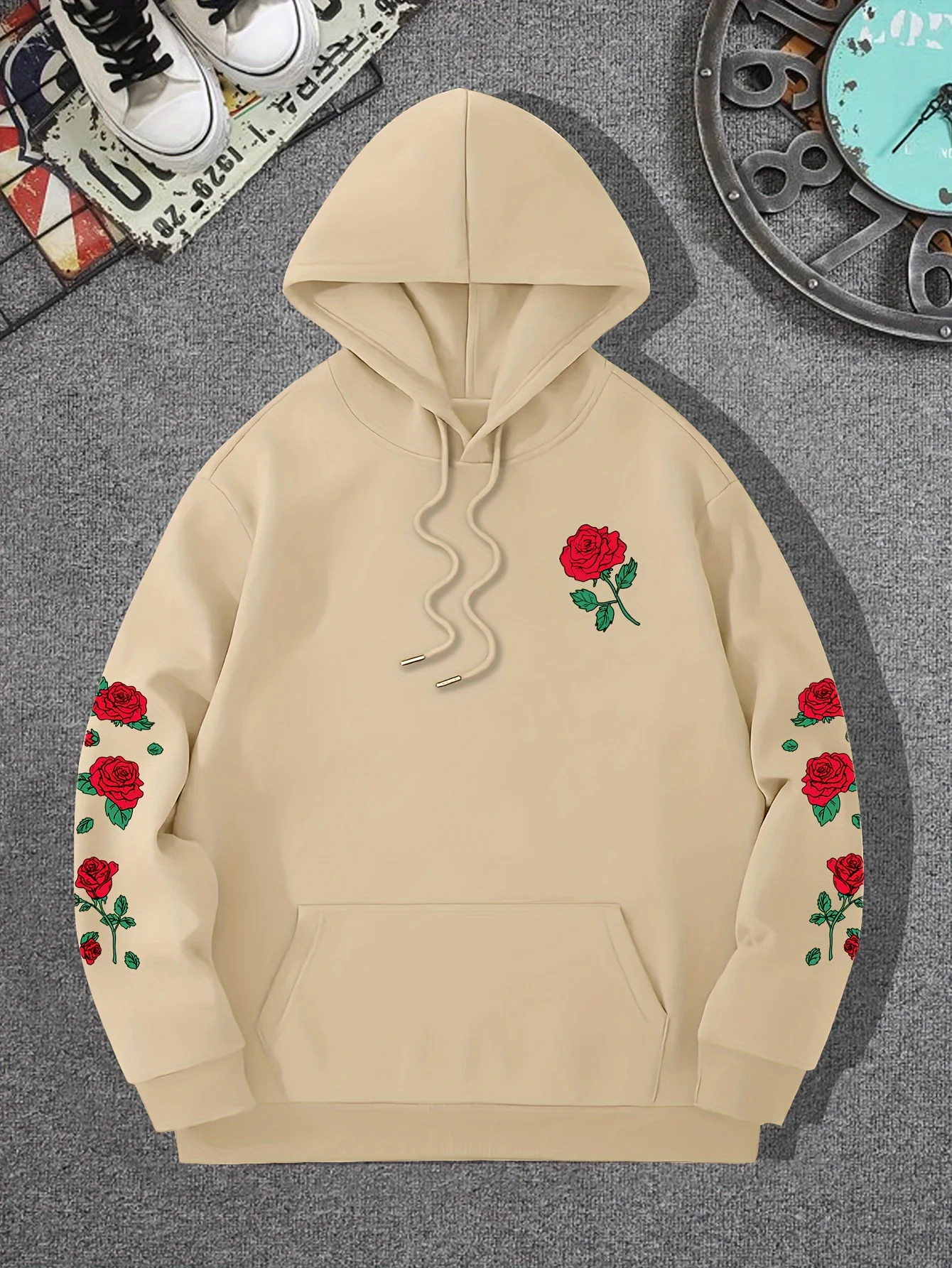 Red Rose Printed Hoodies Casual Street Men Sweatshirts Comfortable Fleece Soft Pullover Crewneck Loose Female Tops Clothes