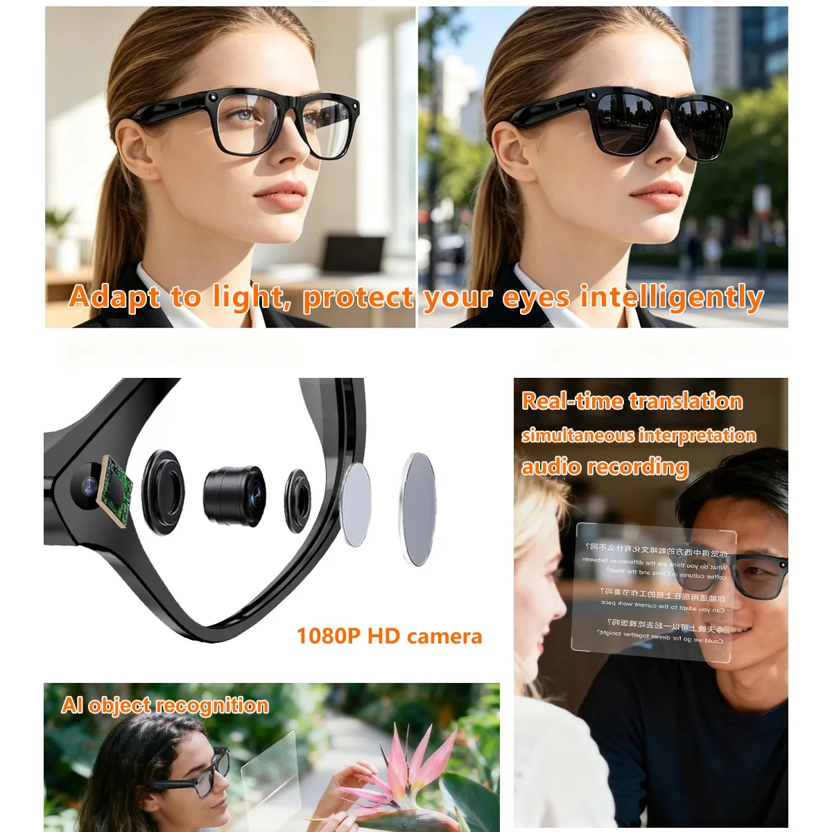 Outdoor Photochromic Glasses HD Camera Smart Eyewear AI Voice Assistant Bluetooth Music Call AI Translator Sunglasses Men Lady