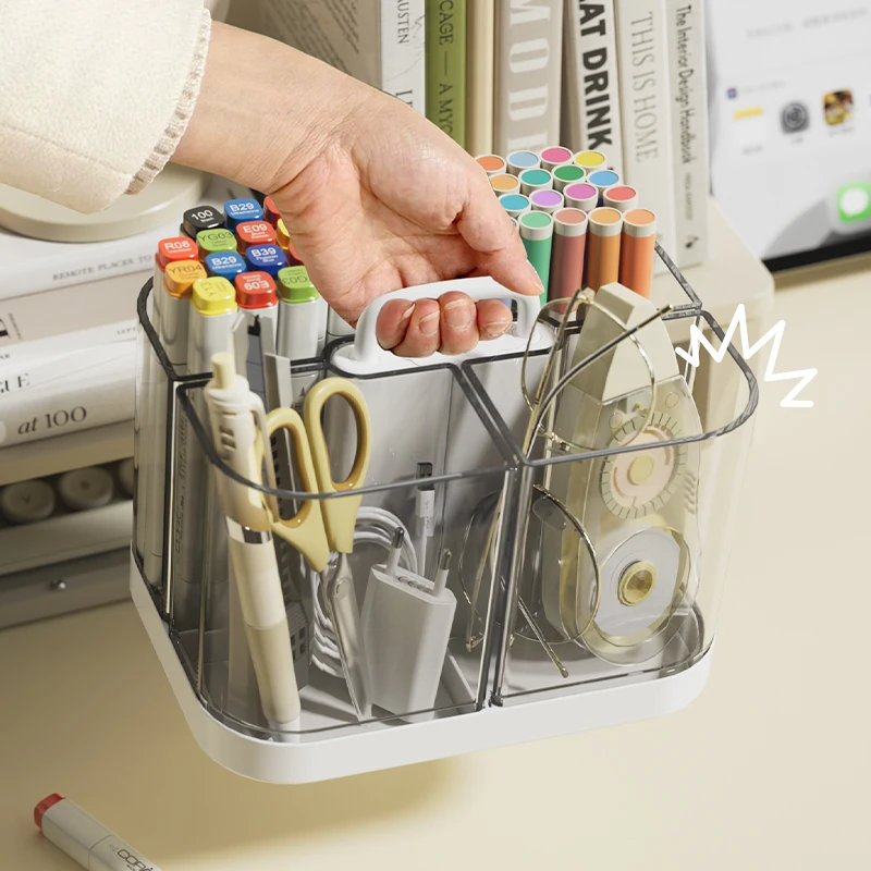 Portable Caddy with Handle, Stackable Pen Holder with 4 Compartments, Clear Pencil Organizer for Art Supplies, Crafts