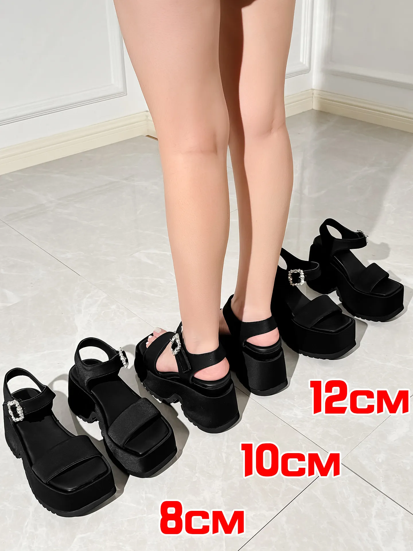 ZJR 8-12 cm hochhackige Sandalen für Damen, Keil-Plateau-Sandalen, schwarze Sandalen mit Knöchelriemen, hochwertige, leichte, klobige Schuhe