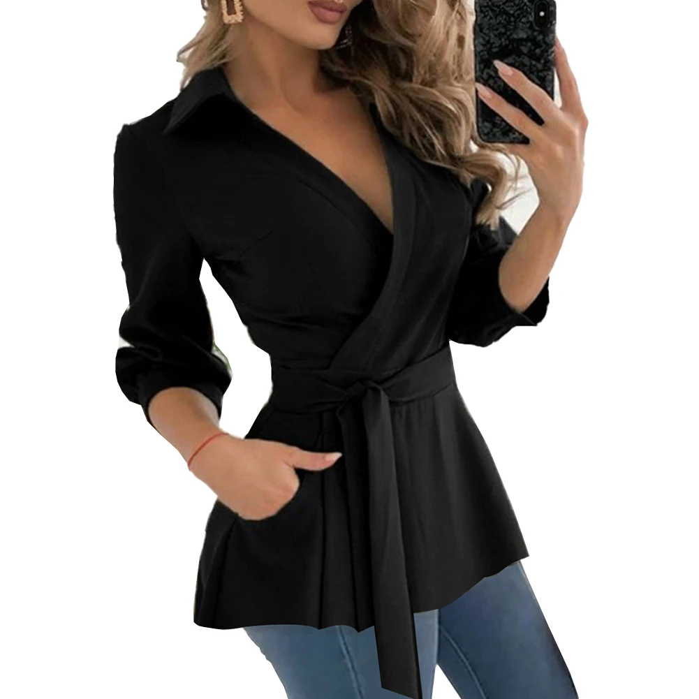 Belted Blouse Casual Ladies Lapel Shirt Polyester Print Regular V-Neck Women Hot Stylish Brand New Comfy Fashion