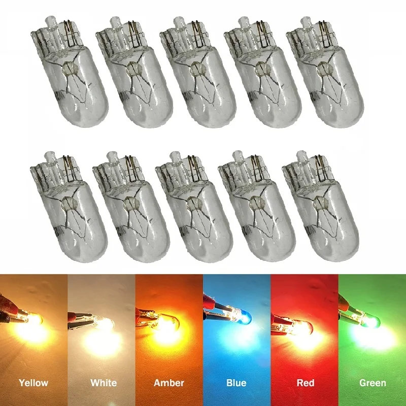 10X White T10 W5W 501 194 Clear Signal Lamp Glass 12V 5W Warm White Red Blue W2.1x9.5d Single Filament Car Bulb Auto Light